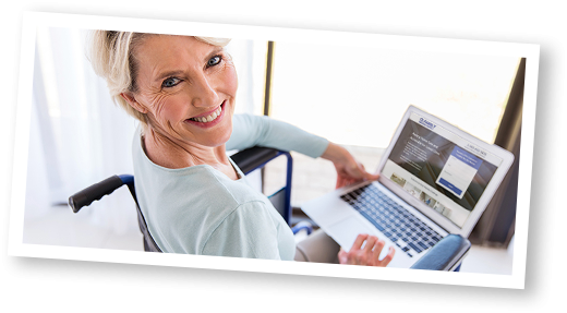 Header image of an older women looking at a home modifications landing page.