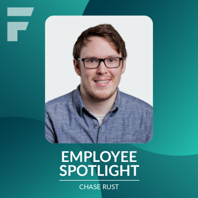 Portrait of Chase Rust with words Employee Spotlight Chase Rust on the graphic