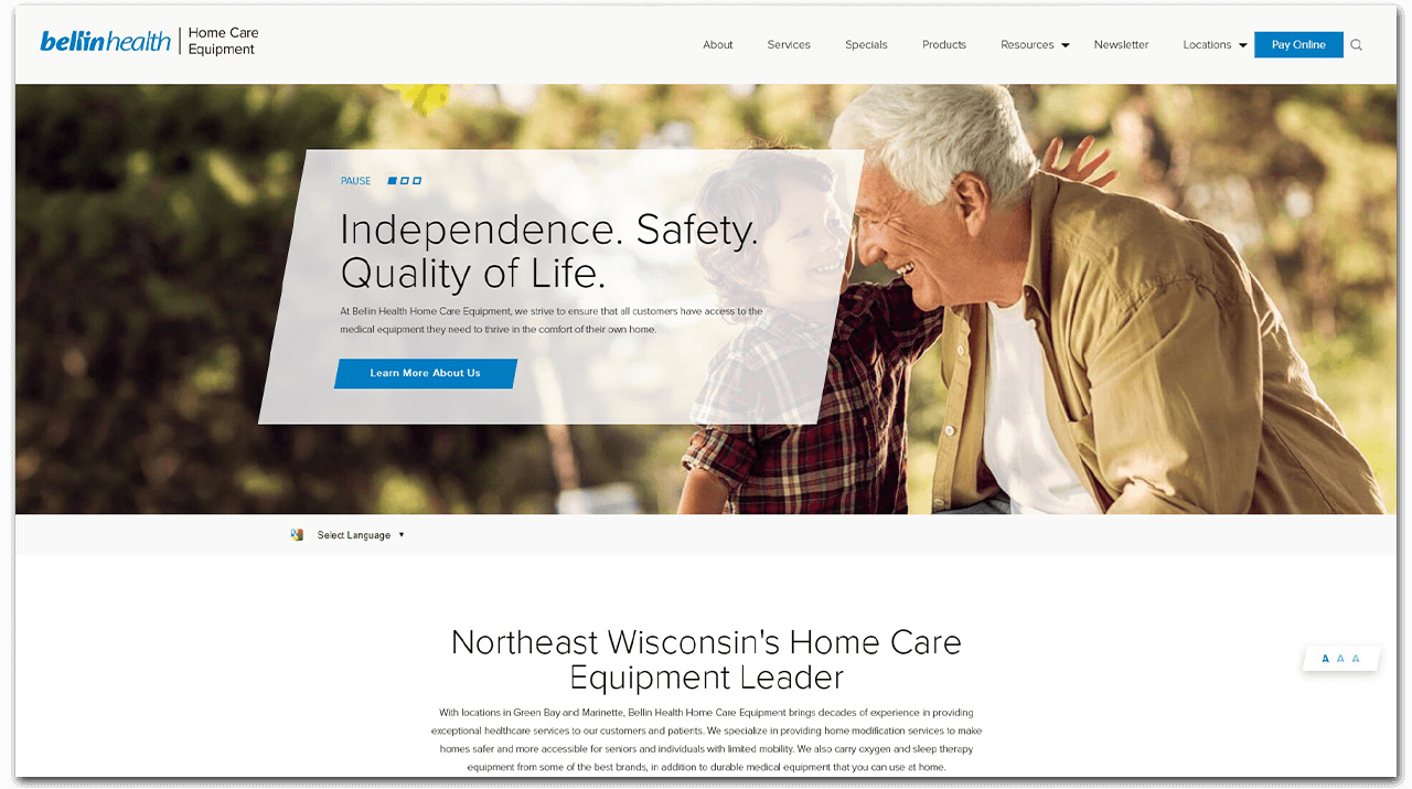 Screenshot of Bellin Health Home Care Equipment website from 2018.