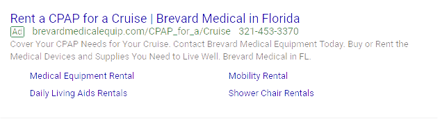 graphic showing a search ad for cpap rental from brevard medical