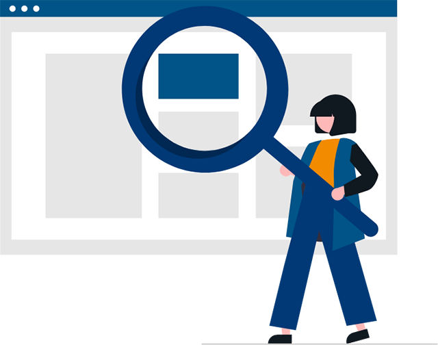 Illustration of a woman searching with a large search icon